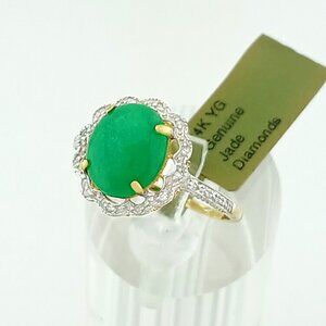 Genuine 3.85 Cts Jade & Diamond Ring 14k Gold